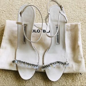 Rare Manolo Blahnik White Sandals w Adornment 37/7